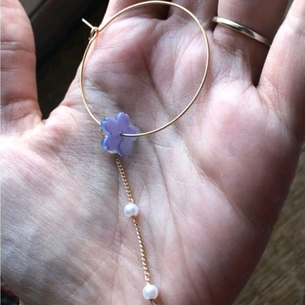 Gold Hoop Flower Dangle Earrings Pearl Chain Purple Fairy Coquette 💖2/$30 - Picture 8 of 10